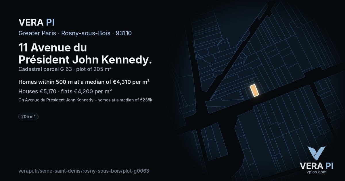 11 Avenue du Président John Kennedy, Rosny-sous-Bois at night – the plot lit, the parcels around coloured by the prices near them
