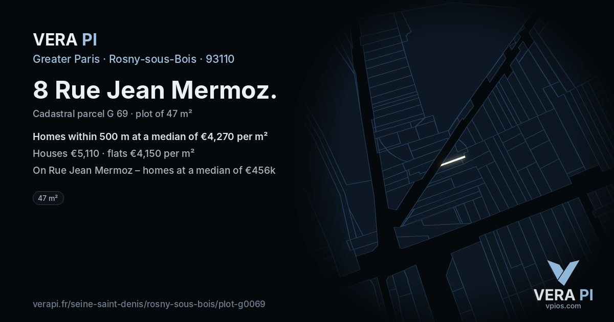 8 Rue Jean Mermoz, Rosny-sous-Bois at night – the plot lit, the parcels around coloured by the prices near them