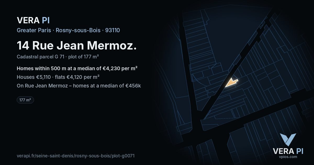 14 Rue Jean Mermoz, Rosny-sous-Bois at night – the plot lit, the parcels around coloured by the prices near them