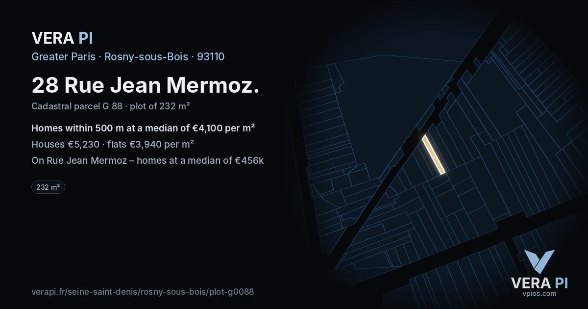 28 Rue Jean Mermoz, Rosny-sous-Bois at night – the plot lit, the parcels around coloured by the prices near them