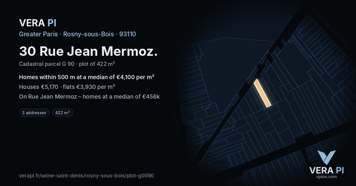 30 Rue Jean Mermoz, Rosny-sous-Bois at night – the plot lit, the parcels around coloured by the prices near them
