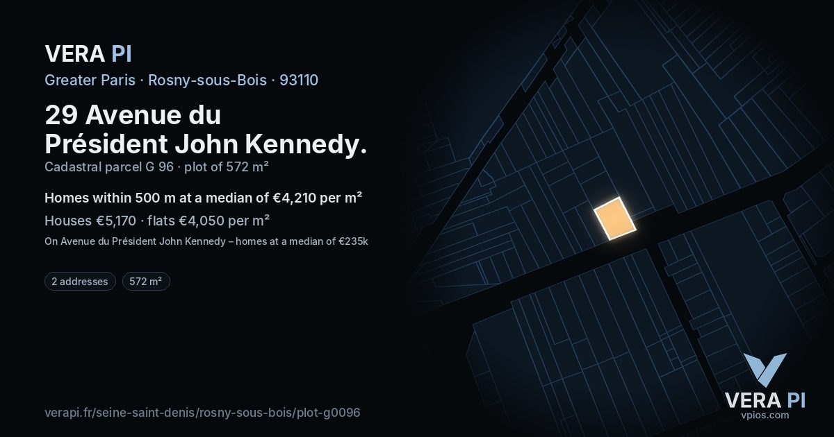 29 Avenue du Président John Kennedy, Rosny-sous-Bois at night – the plot lit, the parcels around coloured by the prices near them