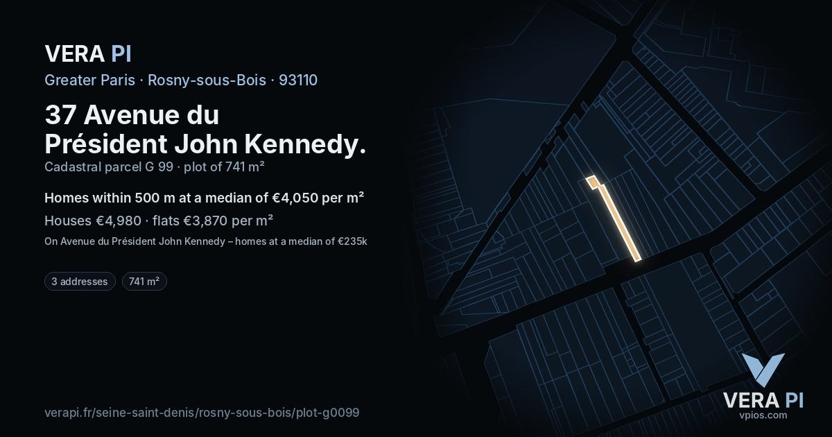 37 Avenue du Président John Kennedy, Rosny-sous-Bois at night – the plot lit, the parcels around coloured by the prices near them