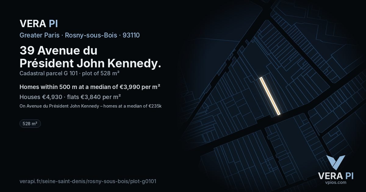 39 Avenue du Président John Kennedy, Rosny-sous-Bois at night – the plot lit, the parcels around coloured by the prices near them