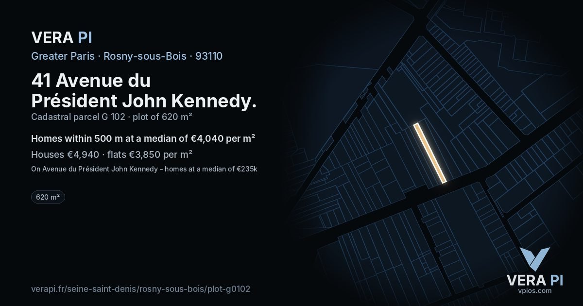 41 Avenue du Président John Kennedy, Rosny-sous-Bois at night – the plot lit, the parcels around coloured by the prices near them