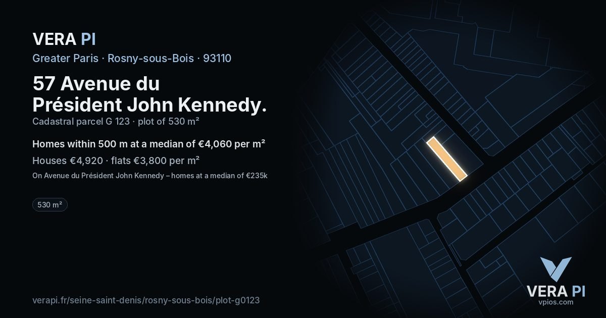 57 Avenue du Président John Kennedy, Rosny-sous-Bois at night – the plot lit, the parcels around coloured by the prices near them