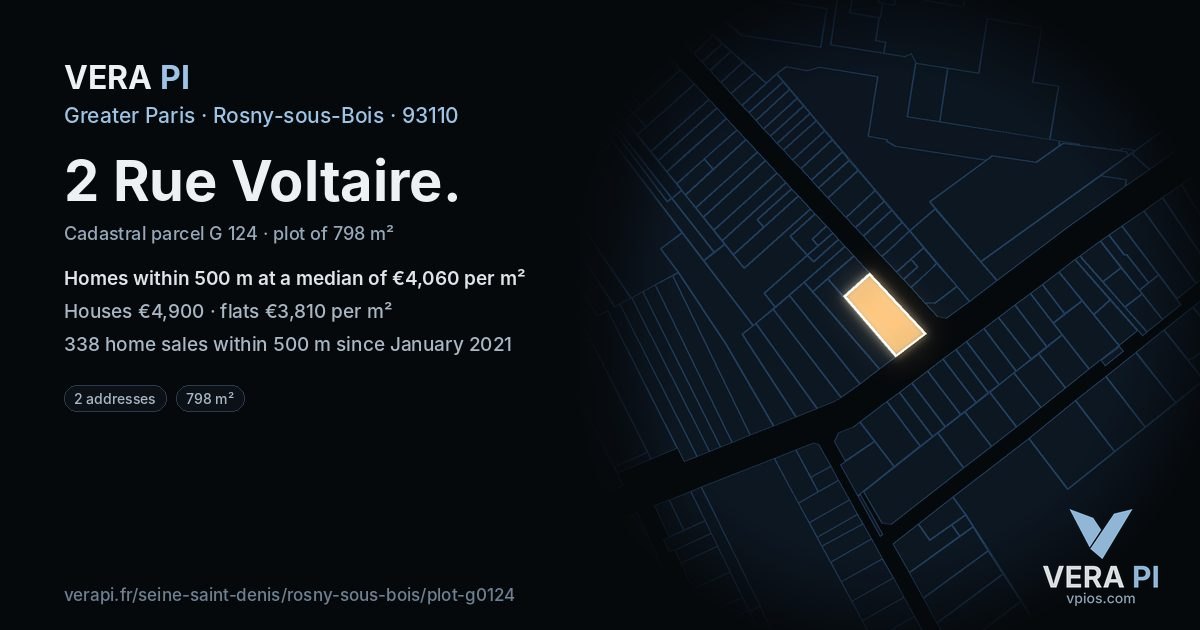 2 Rue Voltaire, Rosny-sous-Bois at night – the plot lit, the parcels around coloured by the prices near them