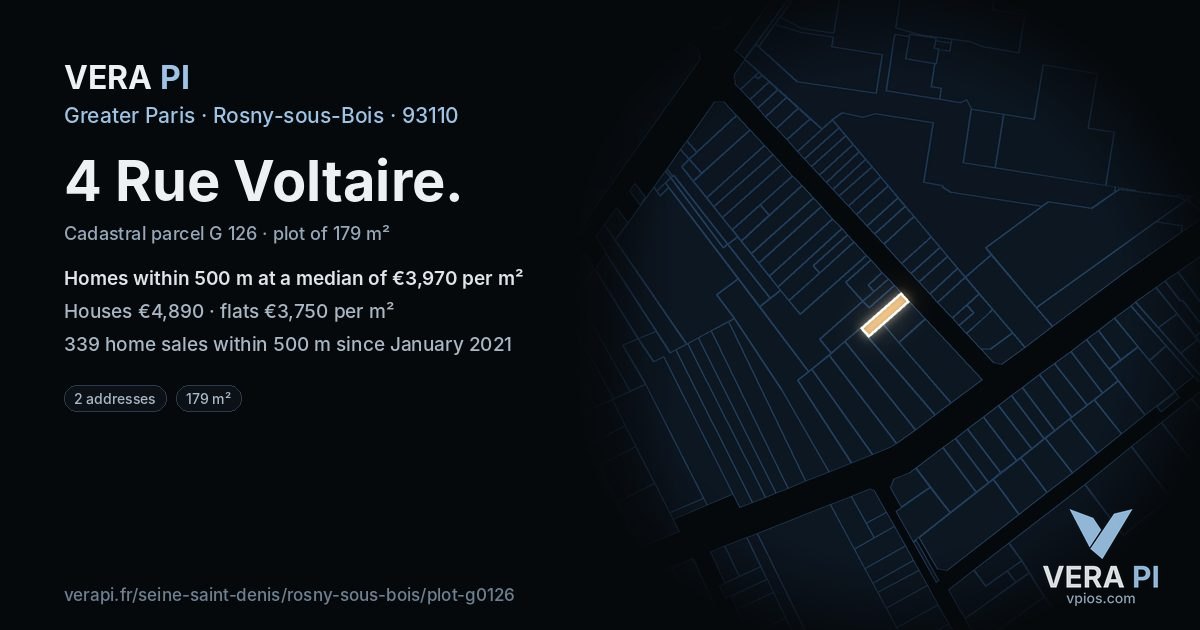 4 Rue Voltaire, Rosny-sous-Bois at night – the plot lit, the parcels around coloured by the prices near them