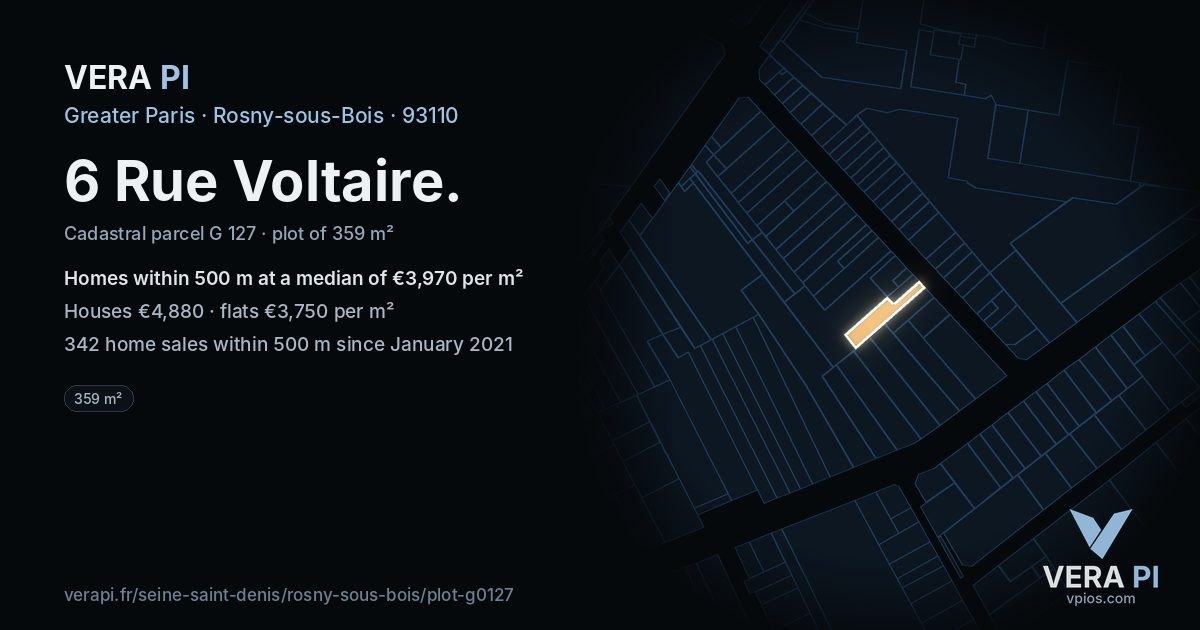 6 Rue Voltaire, Rosny-sous-Bois at night – the plot lit, the parcels around coloured by the prices near them
