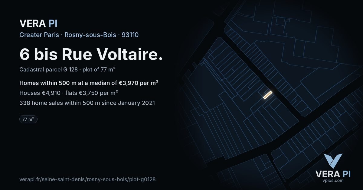 6 bis Rue Voltaire, Rosny-sous-Bois at night – the plot lit, the parcels around coloured by the prices near them