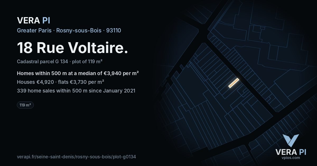 18 Rue Voltaire, Rosny-sous-Bois at night – the plot lit, the parcels around coloured by the prices near them