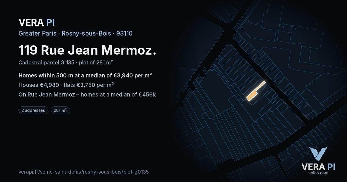 119 Rue Jean Mermoz, Rosny-sous-Bois at night – the plot lit, the parcels around coloured by the prices near them