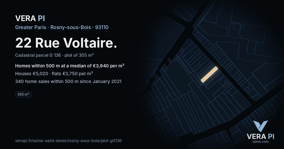22 Rue Voltaire, Rosny-sous-Bois at night – the plot lit, the parcels around coloured by the prices near them
