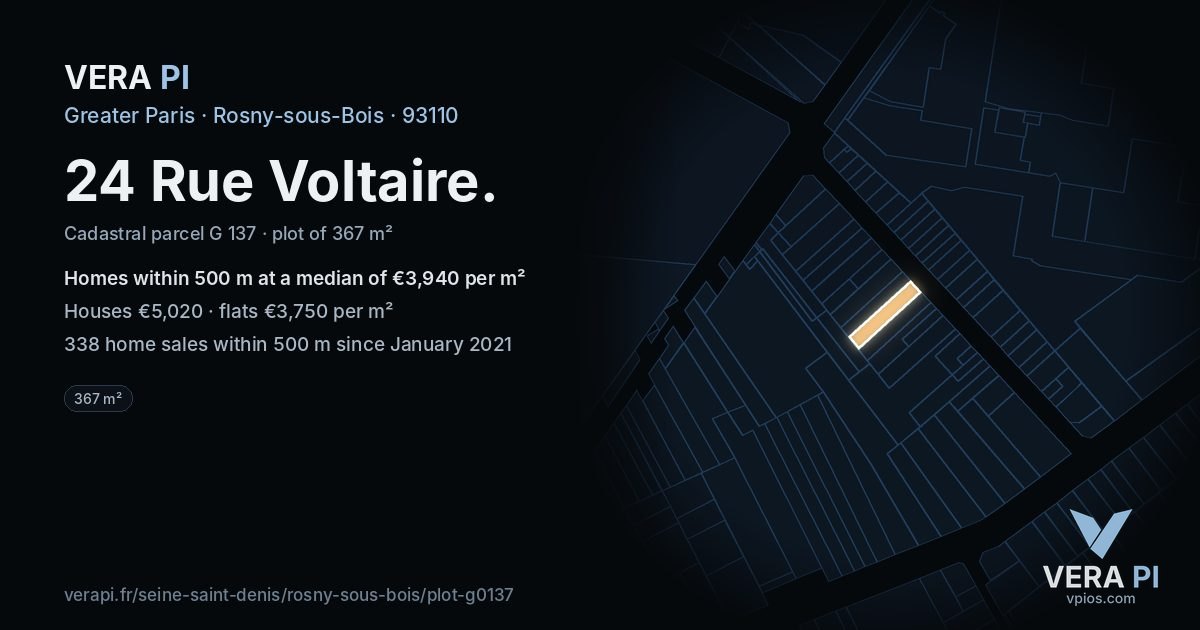 24 Rue Voltaire, Rosny-sous-Bois at night – the plot lit, the parcels around coloured by the prices near them