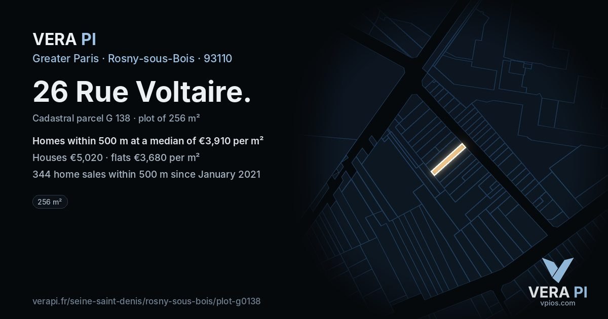 26 Rue Voltaire, Rosny-sous-Bois at night – the plot lit, the parcels around coloured by the prices near them