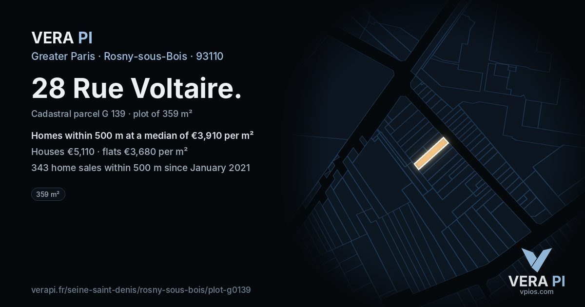 28 Rue Voltaire, Rosny-sous-Bois at night – the plot lit, the parcels around coloured by the prices near them