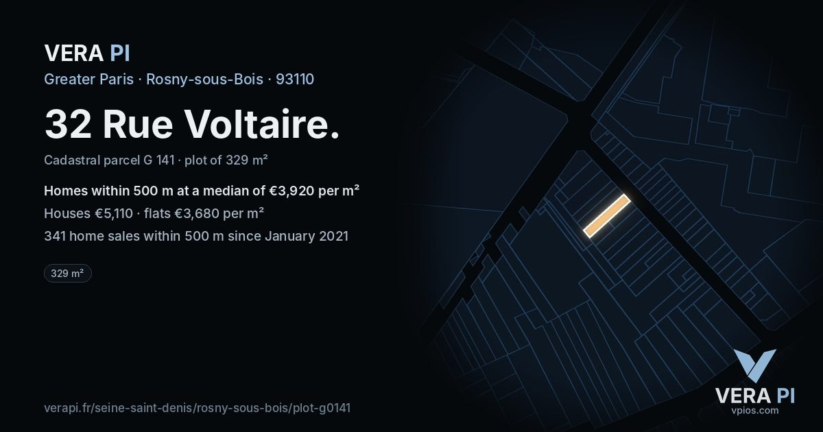 32 Rue Voltaire, Rosny-sous-Bois at night – the plot lit, the parcels around coloured by the prices near them