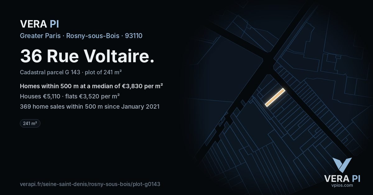 36 Rue Voltaire, Rosny-sous-Bois at night – the plot lit, the parcels around coloured by the prices near them