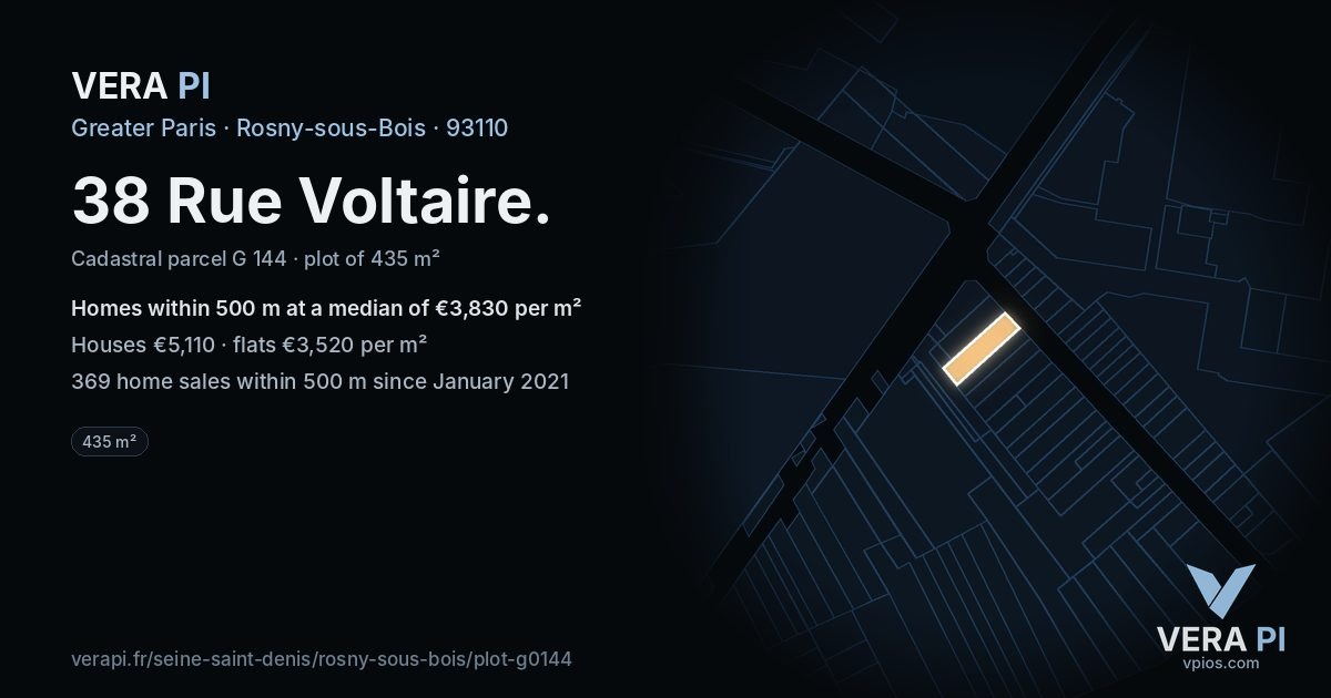 38 Rue Voltaire, Rosny-sous-Bois at night – the plot lit, the parcels around coloured by the prices near them