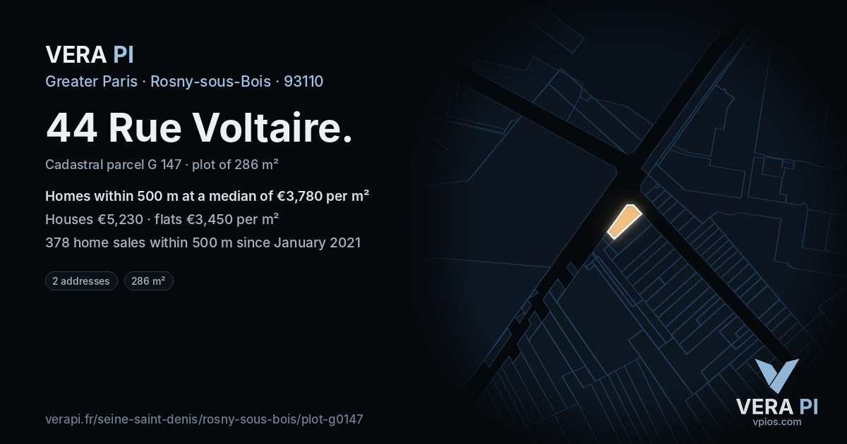 44 Rue Voltaire, Rosny-sous-Bois at night – the plot lit, the parcels around coloured by the prices near them