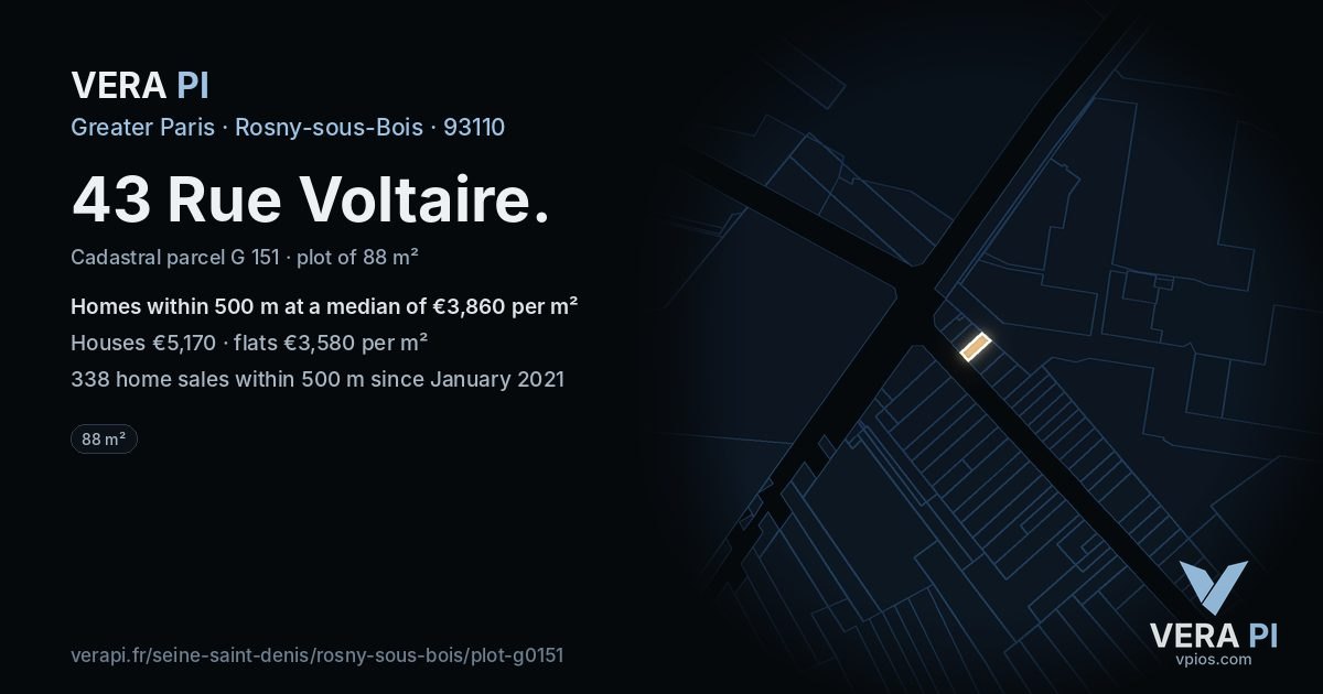 43 Rue Voltaire, Rosny-sous-Bois at night – the plot lit, the parcels around coloured by the prices near them