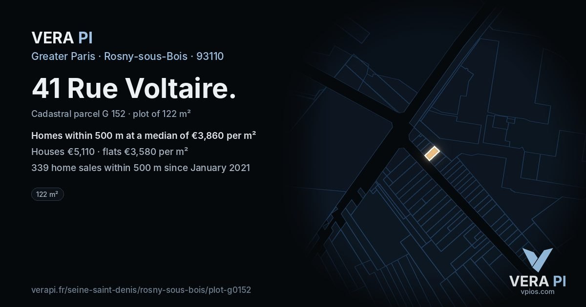 41 Rue Voltaire, Rosny-sous-Bois at night – the plot lit, the parcels around coloured by the prices near them