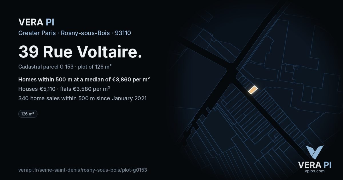 39 Rue Voltaire, Rosny-sous-Bois at night – the plot lit, the parcels around coloured by the prices near them
