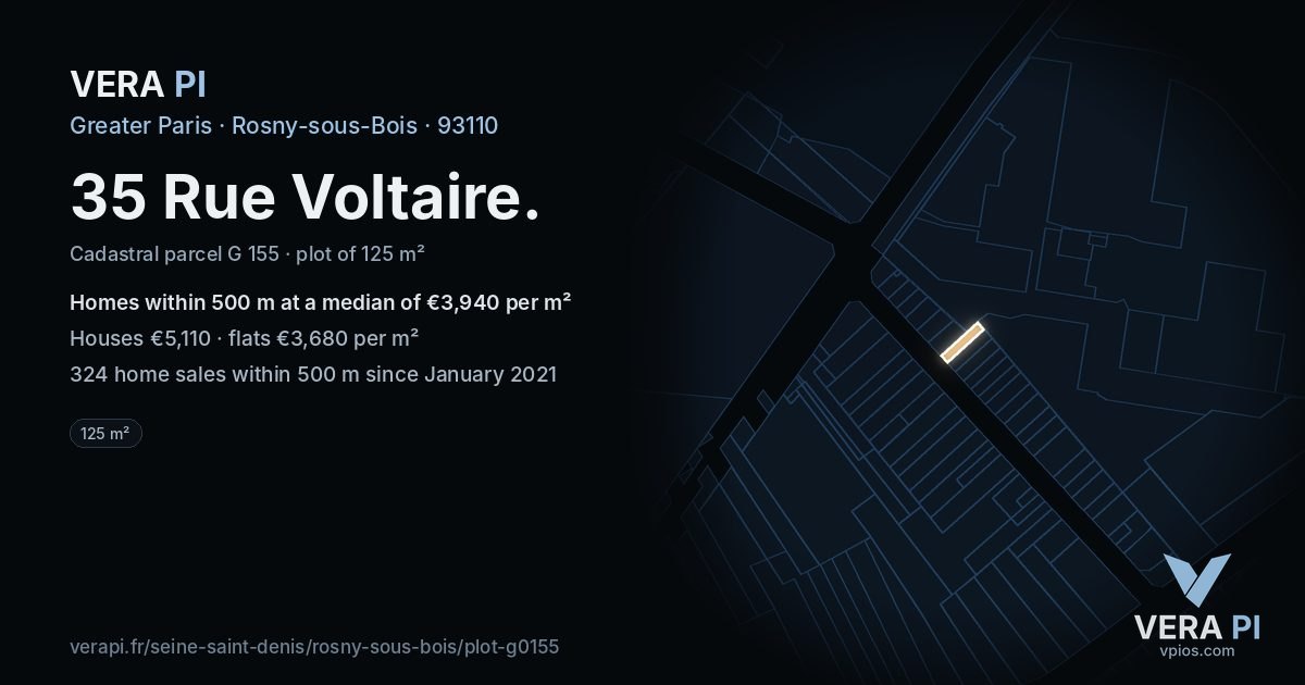 35 Rue Voltaire, Rosny-sous-Bois at night – the plot lit, the parcels around coloured by the prices near them