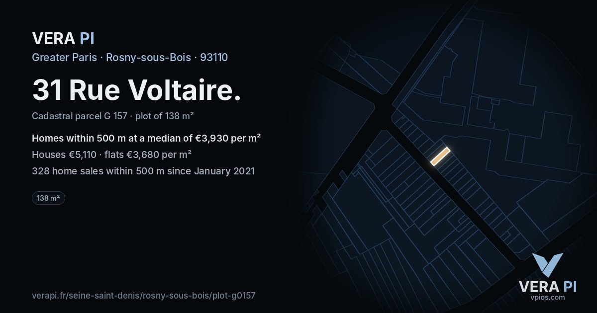 31 Rue Voltaire, Rosny-sous-Bois at night – the plot lit, the parcels around coloured by the prices near them