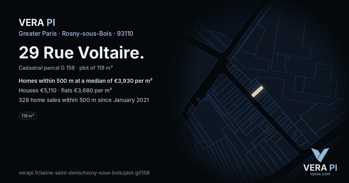 29 Rue Voltaire, Rosny-sous-Bois at night – the plot lit, the parcels around coloured by the prices near them