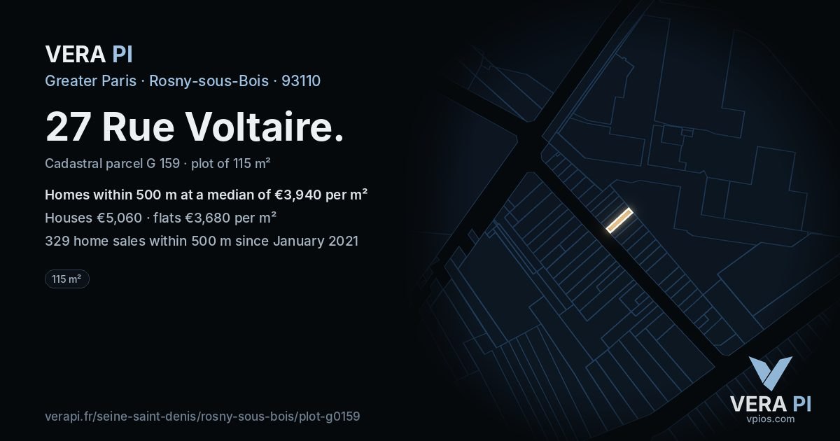 27 Rue Voltaire, Rosny-sous-Bois at night – the plot lit, the parcels around coloured by the prices near them
