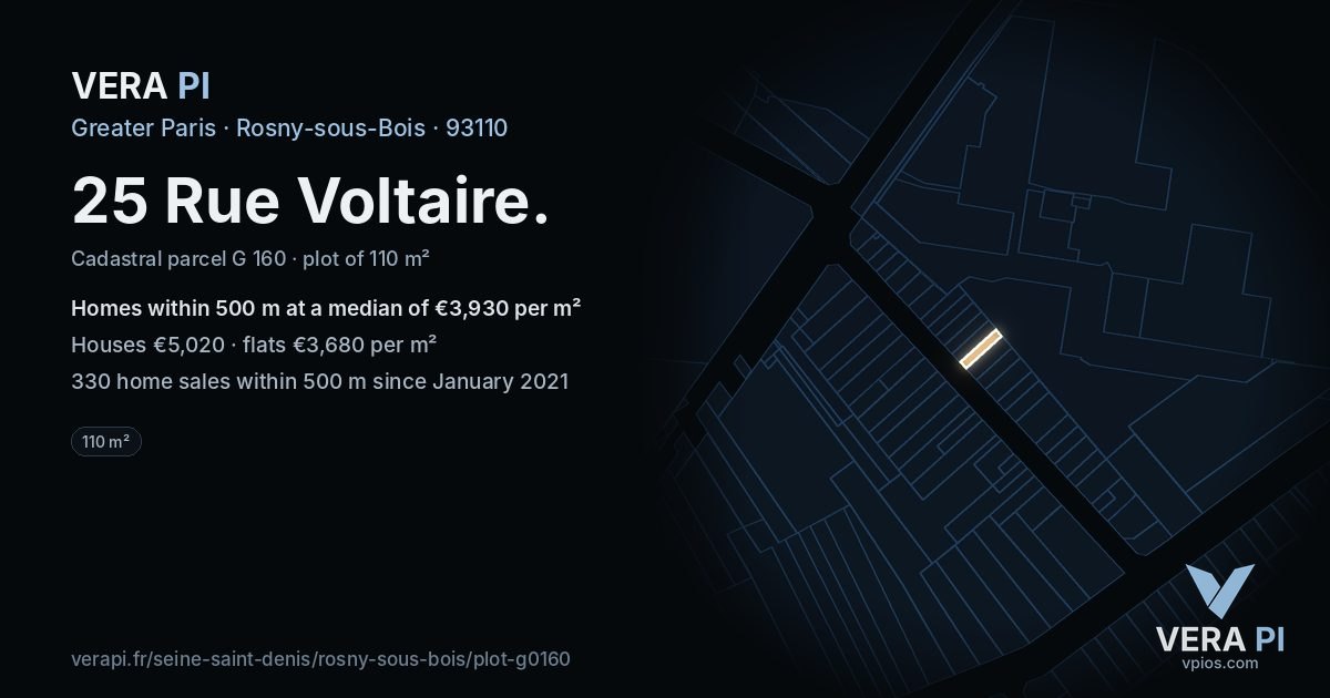25 Rue Voltaire, Rosny-sous-Bois at night – the plot lit, the parcels around coloured by the prices near them