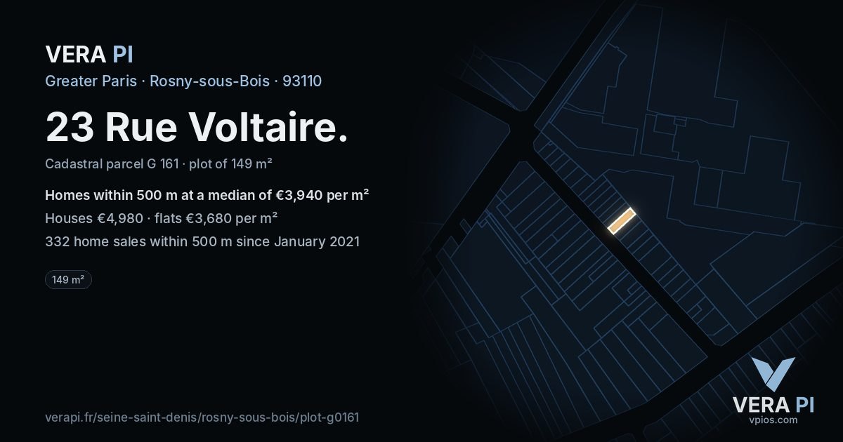 23 Rue Voltaire, Rosny-sous-Bois at night – the plot lit, the parcels around coloured by the prices near them