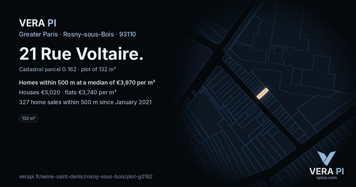 21 Rue Voltaire, Rosny-sous-Bois at night – the plot lit, the parcels around coloured by the prices near them