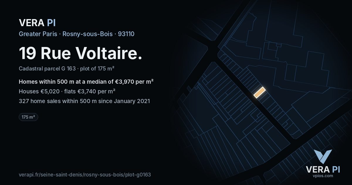 19 Rue Voltaire, Rosny-sous-Bois at night – the plot lit, the parcels around coloured by the prices near them