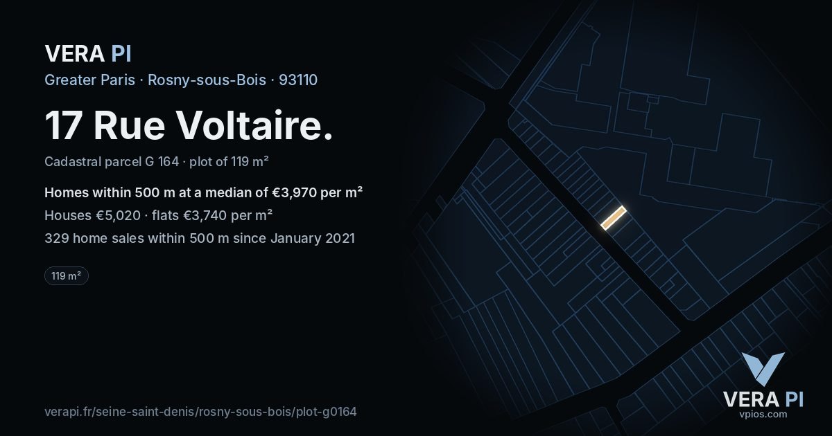 17 Rue Voltaire, Rosny-sous-Bois at night – the plot lit, the parcels around coloured by the prices near them