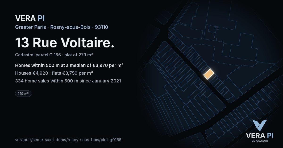 13 Rue Voltaire, Rosny-sous-Bois at night – the plot lit, the parcels around coloured by the prices near them