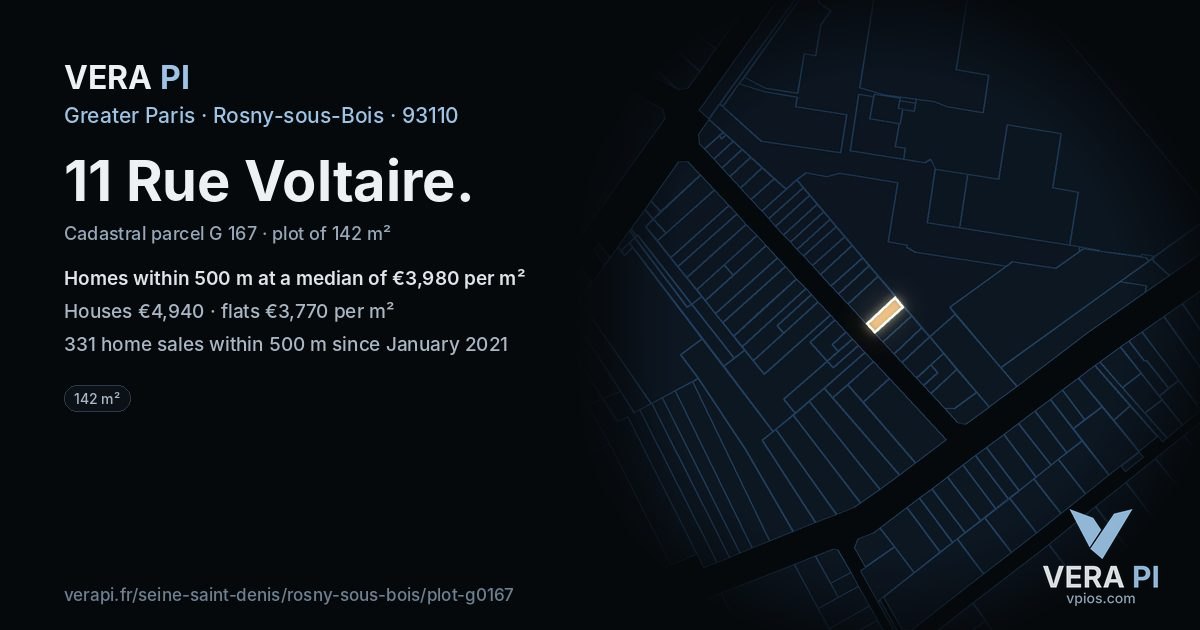 11 Rue Voltaire, Rosny-sous-Bois at night – the plot lit, the parcels around coloured by the prices near them