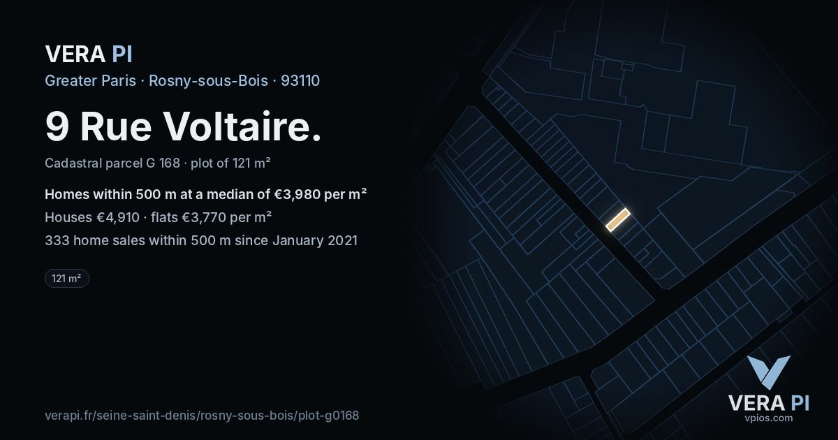 9 Rue Voltaire, Rosny-sous-Bois at night – the plot lit, the parcels around coloured by the prices near them