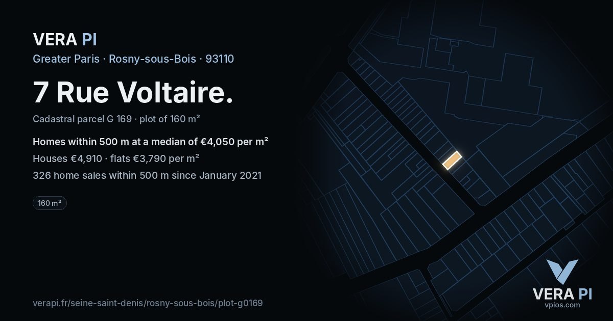 7 Rue Voltaire, Rosny-sous-Bois at night – the plot lit, the parcels around coloured by the prices near them