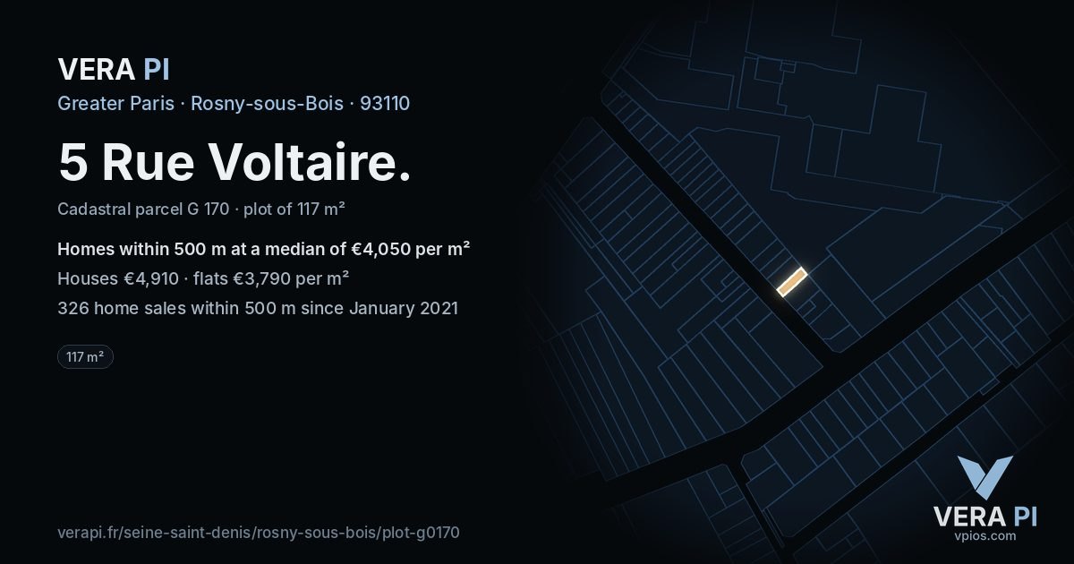 5 Rue Voltaire, Rosny-sous-Bois at night – the plot lit, the parcels around coloured by the prices near them