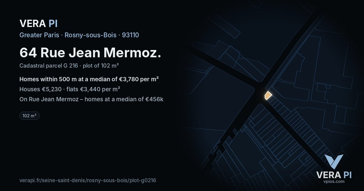 64 Rue Jean Mermoz, Rosny-sous-Bois at night – the plot lit, the parcels around coloured by the prices near them