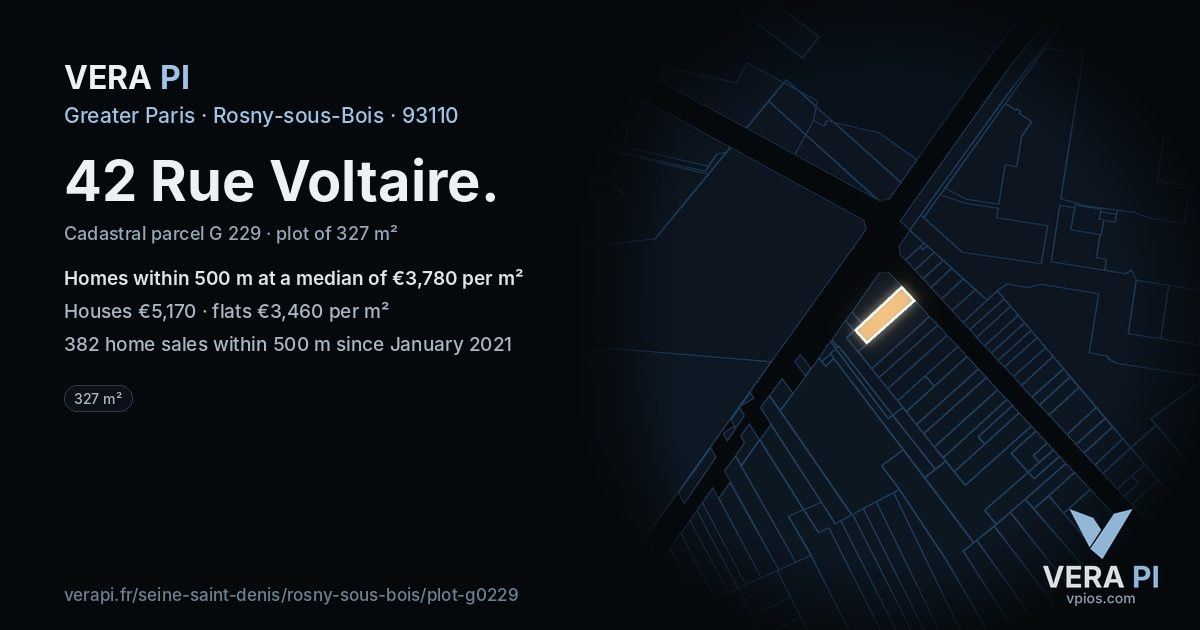 42 Rue Voltaire, Rosny-sous-Bois at night – the plot lit, the parcels around coloured by the prices near them