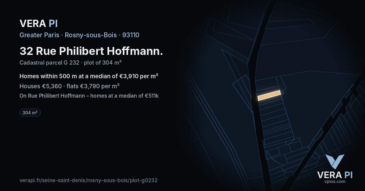 32 Rue Philibert Hoffmann, Rosny-sous-Bois at night – the plot lit, the parcels around coloured by the prices near them
