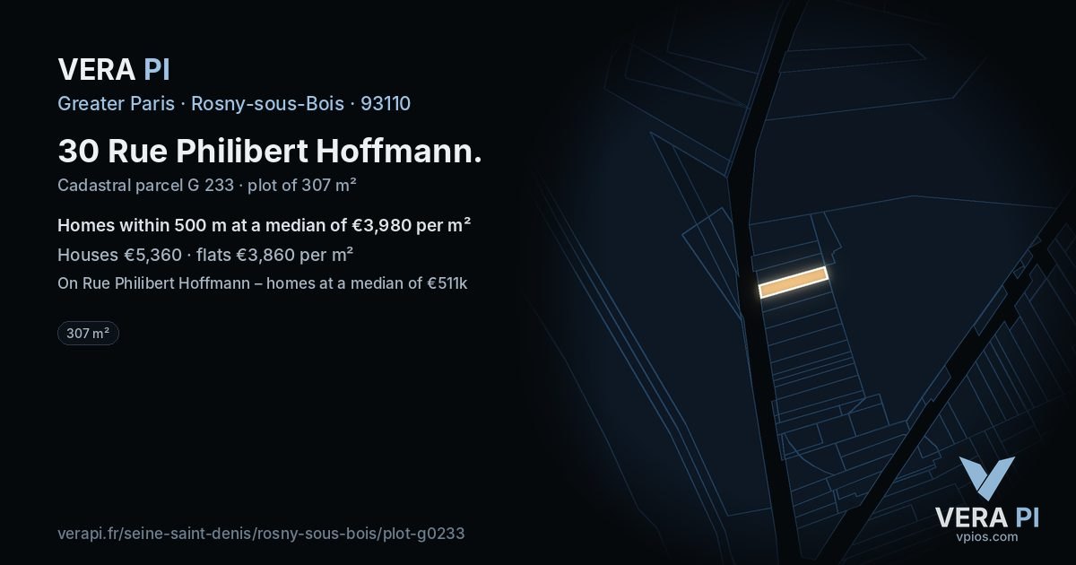 30 Rue Philibert Hoffmann, Rosny-sous-Bois at night – the plot lit, the parcels around coloured by the prices near them
