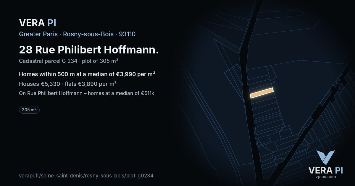 28 Rue Philibert Hoffmann, Rosny-sous-Bois at night – the plot lit, the parcels around coloured by the prices near them