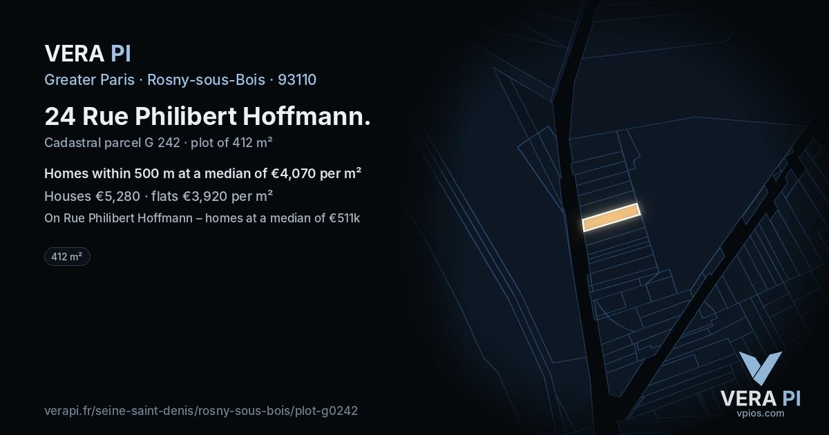 24 Rue Philibert Hoffmann, Rosny-sous-Bois at night – the plot lit, the parcels around coloured by the prices near them