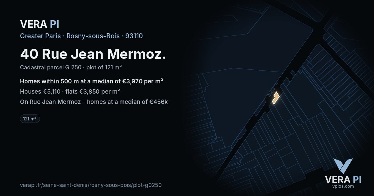 40 Rue Jean Mermoz, Rosny-sous-Bois at night – the plot lit, the parcels around coloured by the prices near them