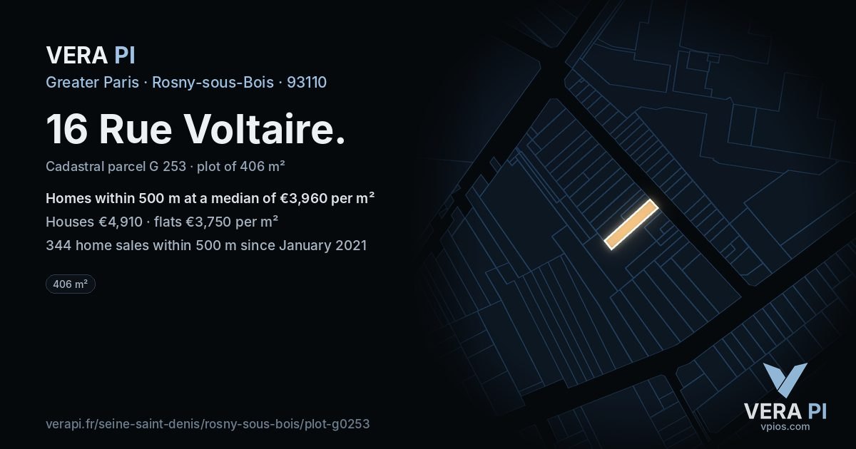 16 Rue Voltaire, Rosny-sous-Bois at night – the plot lit, the parcels around coloured by the prices near them