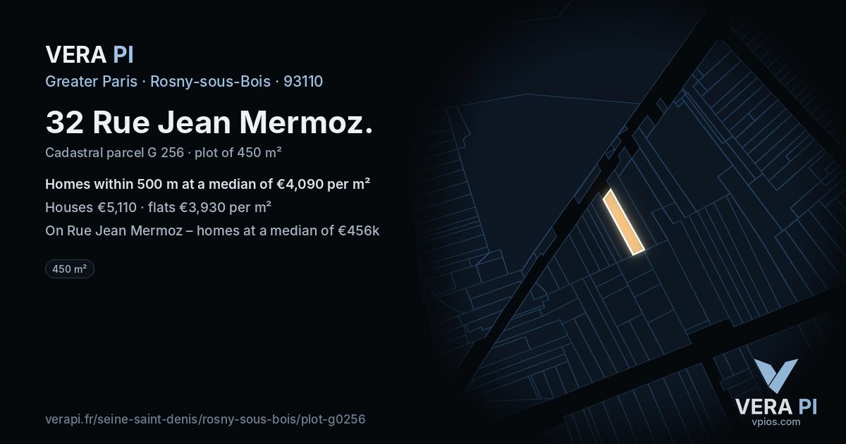 32 Rue Jean Mermoz, Rosny-sous-Bois at night – the plot lit, the parcels around coloured by the prices near them